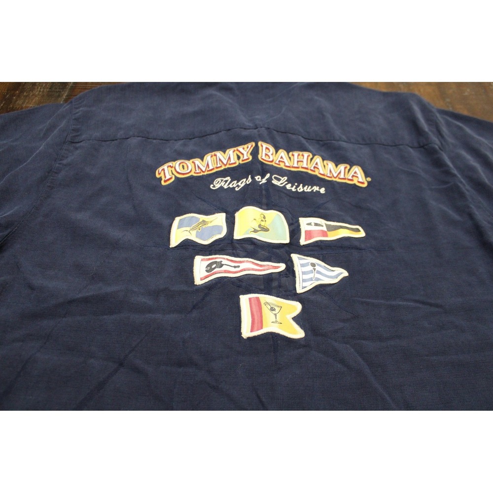 Tommy Bahama Shirt Mens Large Blue Camp Silk Flag Leisure Short Sleeve Button Up